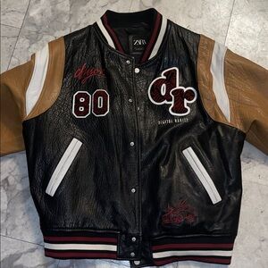Zara Black and Brown Leather Varsity Jacket
